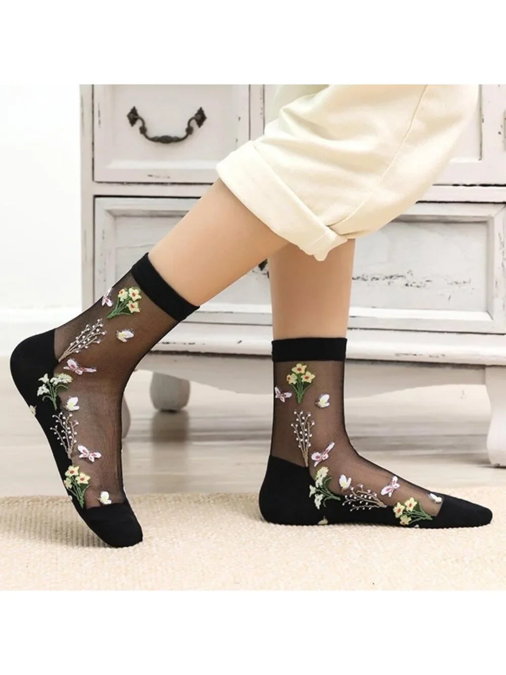 Sheer Mesh Transparent Ankle Socks for Women - Ultra-Thin Lace Fishnet Floral